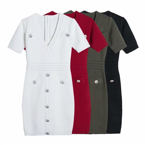 

elegant women solid slim v-neck dresses fashion ladies knitted vestidos sweet female chic zipper button mini dress 210427, Black;gray