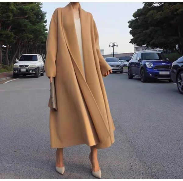 

women's wool & blends vintage patchwork lace up overcoat for women v neck long sleeve loose oversized tweed overcoats female 2021 fall, Black