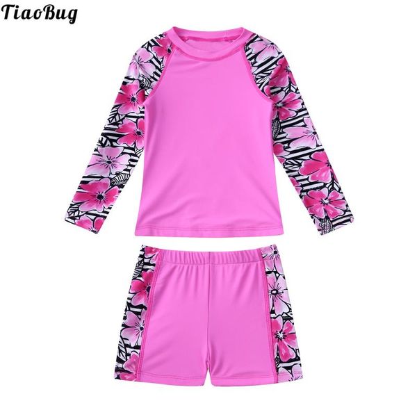 

one-pieces tiaobug summer 2pcs kids girls swimsuit round neck long sleeves cartoon print floral and boyshorts set pool swimwear, Black