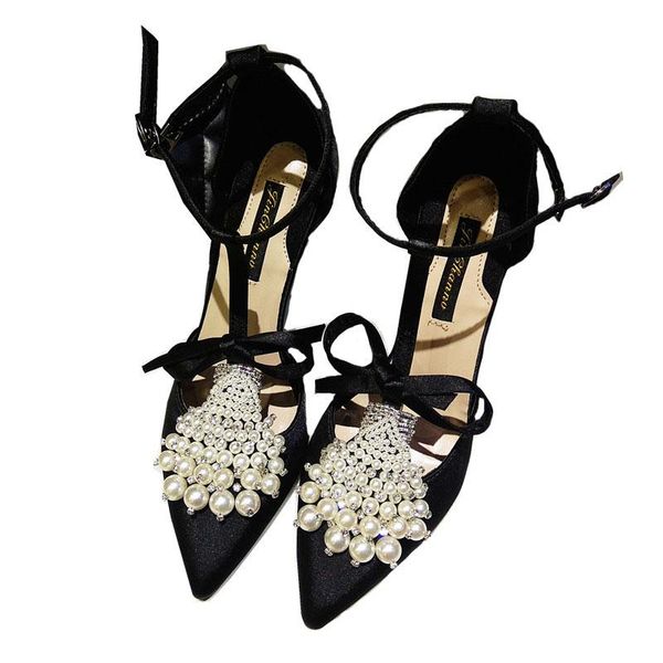 

dress shoes luxury rhinestone high heels women pumps silk pointed toe wedding buckle strap crystal pearl party, Black