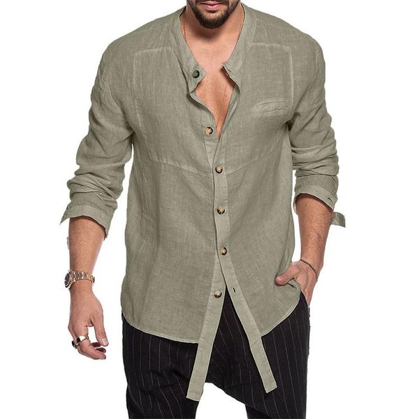 

men's casual shirts spring summer solid cotton linen men long sleeve stand collar fashion single breasted loose shirt streetwear, White;black
