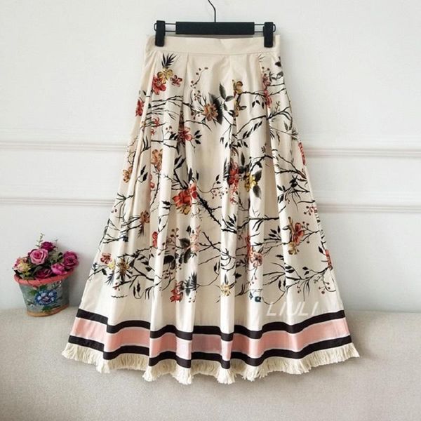 

skirts brand heavy craft big tassel cotton and linen printing women's pleated skirt 2021 summer high waist xl, Black
