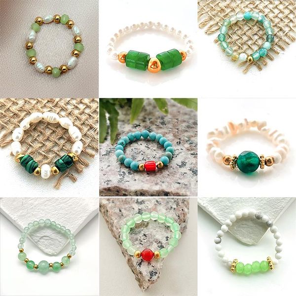 

wedding rings bohemian green crystal natural stone for women freshwater pearl malachite turquoise fire agate handmade adjustable, Slivery;golden