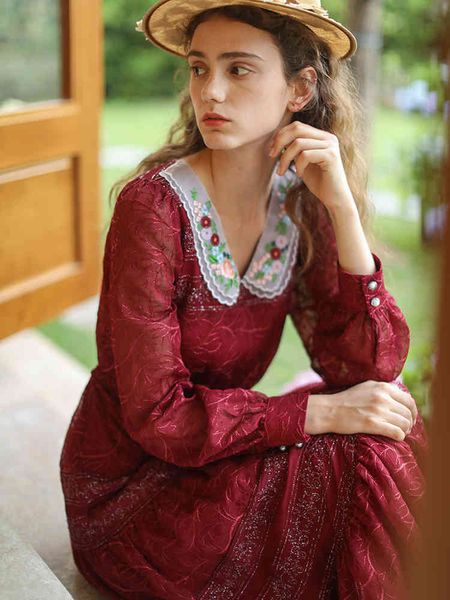 

casual dresses women spring summer vintage elegant slim exquisite embroidery midi korean fashion party wine red 3dy8, Black;gray