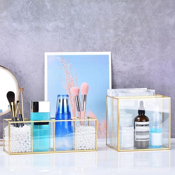

nordic painting grid glass flip storage tank box luxury makeup cosmetics container micro-landscape flower room kitchen boxes & bins