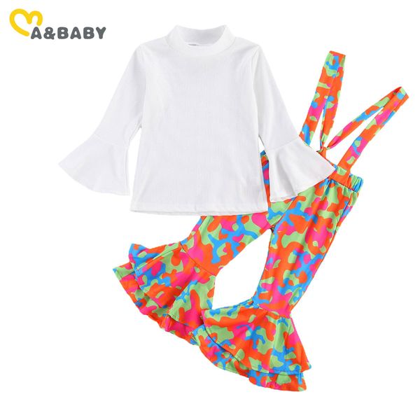 1-6Y Toddler Çocuk Kız Giysileri Set Beyaz Ruffles Tops Kravat Boya Flare Pantolon Kıyafetler Çocuk Giyim Sonbahar Kostümleri 210515