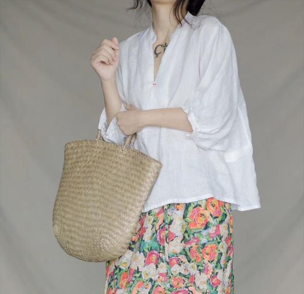 

loose linen v neck solid womens blouses color retro flax female summer, White