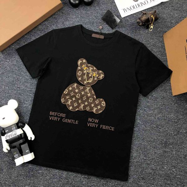 

fashion t shirt for women 2021 spring short sleeve l bear crooked head embroidery floing loose large version lazy style mid long, White