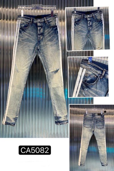 

men's jeans tide brand washed old white stripe knife cut hole slim fit feet, Blue
