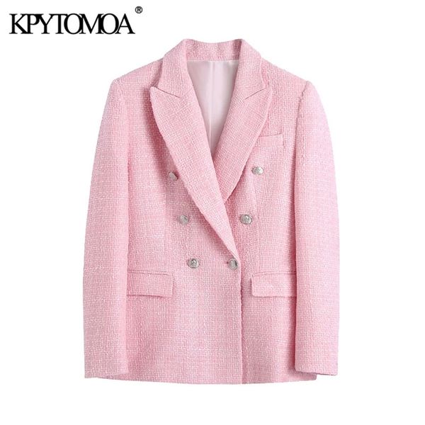 

kpytomoa women fashion double breasted tweed blazer coat vintage long sleeve pockets female outerwear chic veste femme 211006, White;black