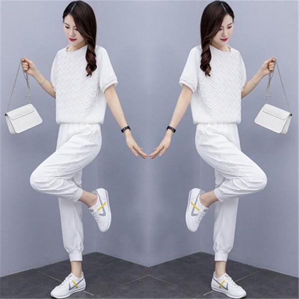 

summer black white blue women sets 2021 fashion casual female sportswear suit short sleeve tshirts+ pants two-piece set b907 women's tw
