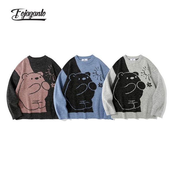 

men's sweaters fojaganto autumn cartoon knit sweater loose casual round neck trend hip-hop high street pullover male, White;black