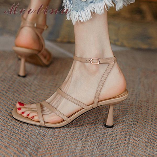 

sandals meotina women shoes square ankle strap thin high heels buckle narrow band ladies footwear summer beige 40, Black