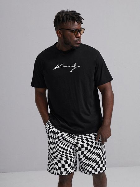 

extended sizes men letter graphic tee & checker print shorts set 42zm#, Gray