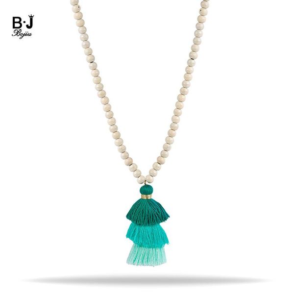

pendant necklaces bojiu europe boho wood jewelry white bead long necklace layers blue cotton tassel for women nks174, Silver