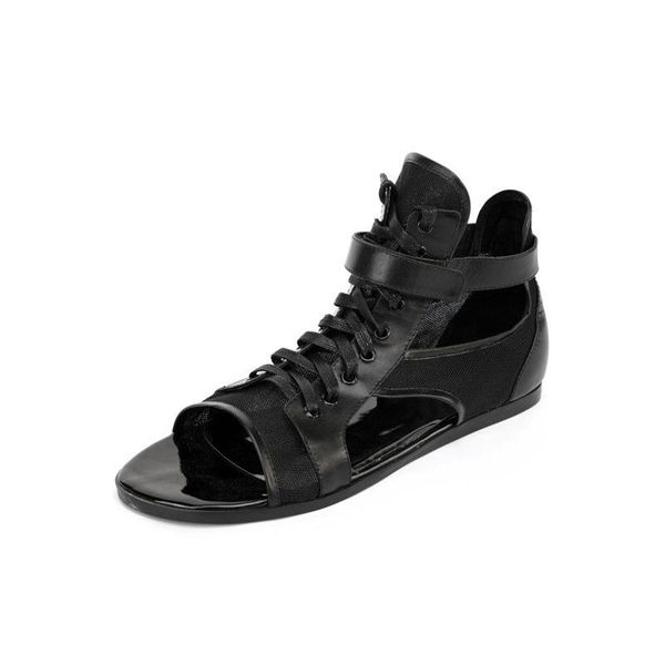 

sandals rome hollow out high beach men real leather lace up open toe casual outside shoes flats gladiator hook loop, Black