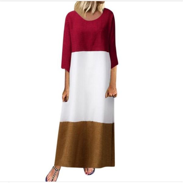 

summer fashion women cotton linen o-neck 3/4 sleeve 3 color splicing casual comfortable dress oversize s-4xl dresses, Black;gray