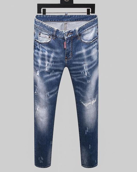 

brand european style mens slim elastic jeans men straight denim trousers zipper patchwork blue hole for 8147 men's