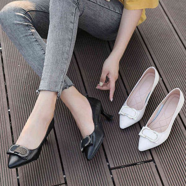 

kuku2021 autumn leather high-heeled small women's sho 3233 thin heel soft sole pointed shallow mouth mother's set foot versatile