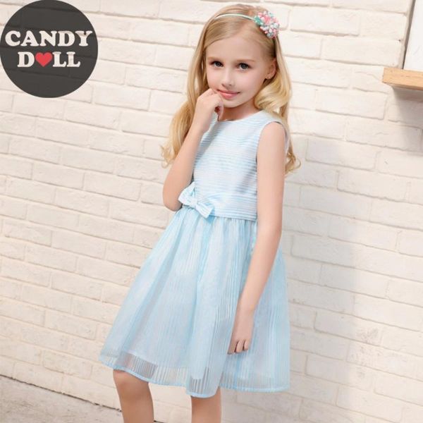 

girl's dresses summer girl children's dress cute girls princess striped pupils sleeveless bowknot vestidos button on back for 3-10, Red;yellow