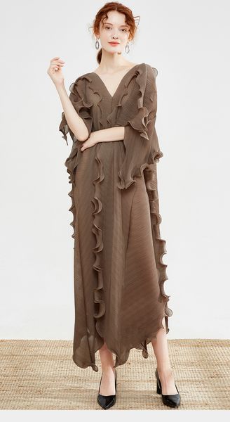 

dress miyake fold style cross v-neck ruffle irregular, Black;gray