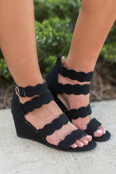 

sandals women's 2021 wedge suede fashion solid color open toe bag heels wave pattern gladiator shoes plus 35-43 zapatos mujer, Black