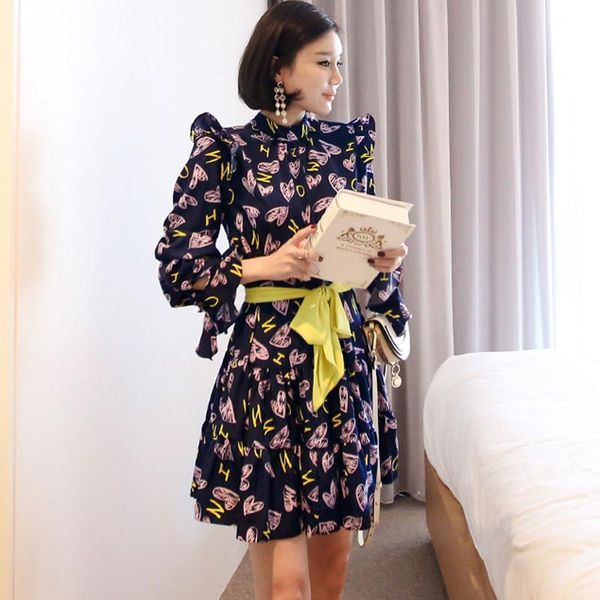 

casual dresses heart letters print summer mini dress women puff sleeve elegant stand neck party korean casaul beach plus size b075, Black;gray