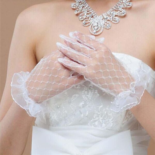 

bridal gloves 3 color bride wedding beige short design lace gauze transparent women 2021 uv-proof summer fishnet mitten r5, White