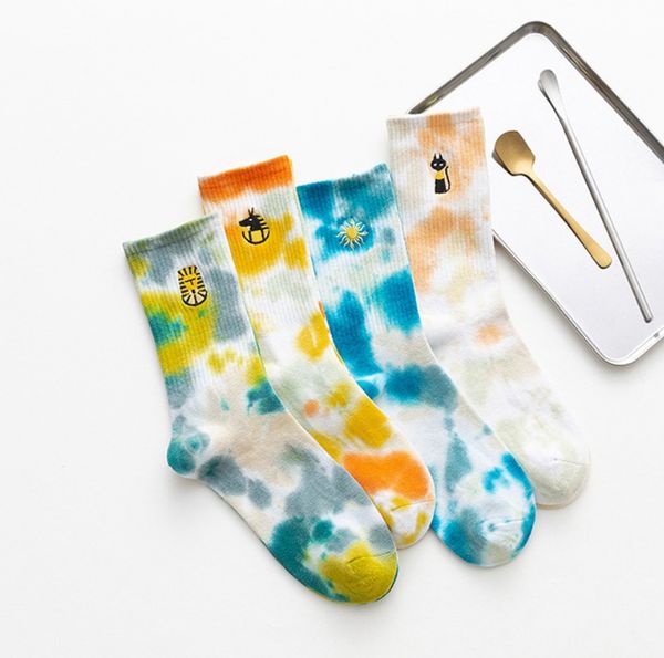 Tie-dye Ägyptischer Kobold Stickerei Männer Frauen Socken Baumwolle Harajuku Vortex Mode Lustige Hip Hop Katze Löwe Mädchen Weiche socken