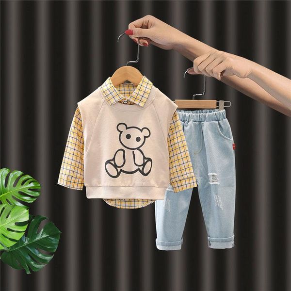

clothing sets spring baby clothes children boy girls cotton vest printe bear shirt pants jeans 3pcs/sets kid infant casual sportswear suit, White