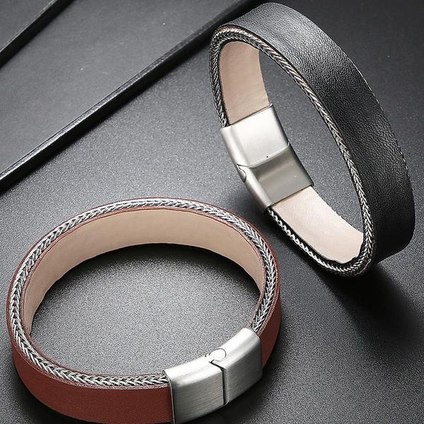 

tennis engraveable men's on hand leather bracelets 316l stainless steel wrist charm bracelet male mannen armband jewellery accessories, Golden;silver