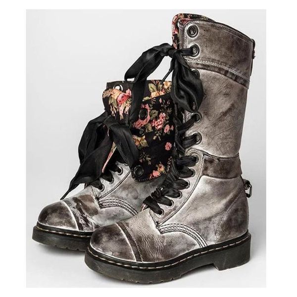 

boots women vintage print mid-calf ladies autumn winter non-slip female steampunk leather sewing shoes women's lace up footwear, Black