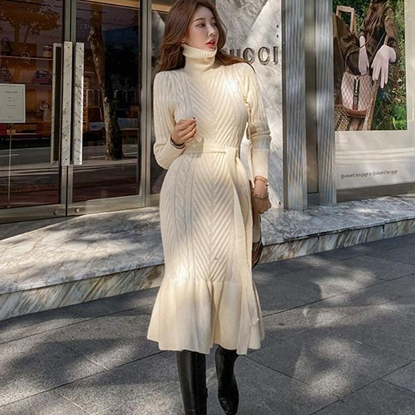 

casual dresses runway fall winter korean women's twist lazy simple mermaid sweater knitted dress lace up warm sweet knit vestido, Black;gray