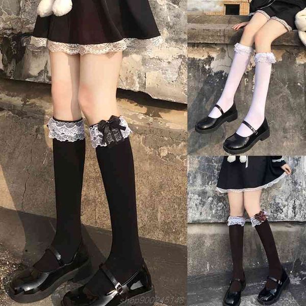 

women girls sweet lolita black white knee high socks bowknot ruffled frilly lace trim japanese student stockings m18 21 dropship
