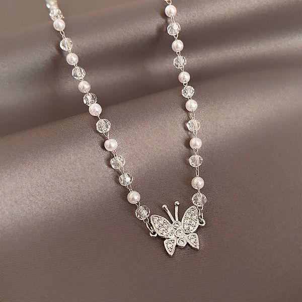 

xianlan679 crystal pearl necklace in the summer of female butterfly light luxury small dust collarbone chain in the new tide tempe, Silver