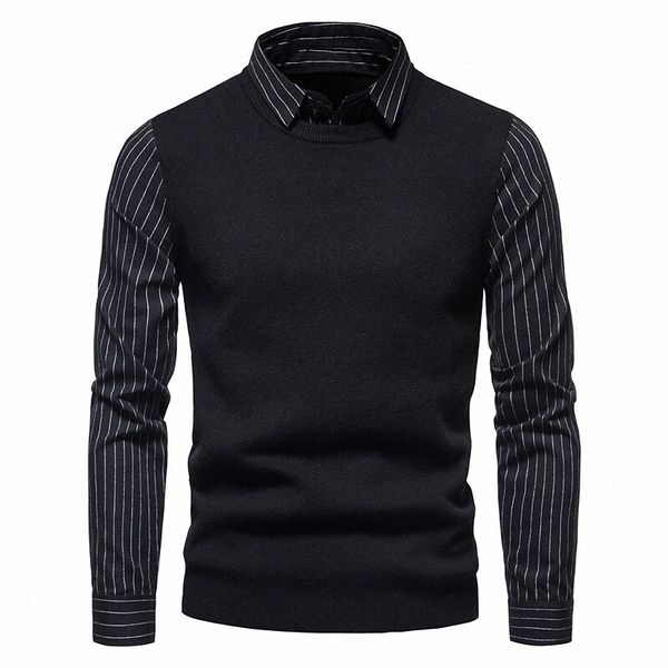

men's pullover knitted striped solid color stylish casual long sleeve sweater cardigans shirt collar fall winter black f59k#, White;black