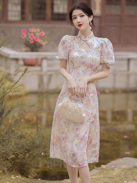 

ethnic clothing vintage puff sleeve floral print cheongsam sweet temperament girly daily modified elegant hollow out low split dress, Red
