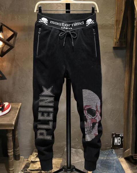 

men's pants arrival thin design fashion brand casual drilling slim leggings scalded skull style elastic, Black