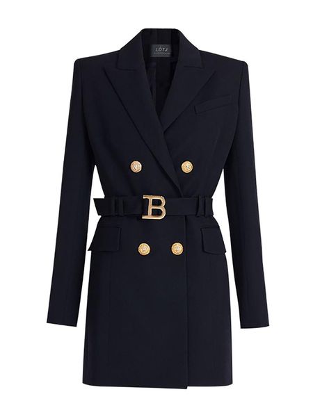 

women's suits & blazers women double breasted 10% wool blazer belts jacket outerwear female shoulder pad coat overcoat 2 color, White;black