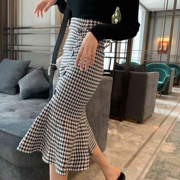 

knitted skirt women autumn fashion mid-length high-waist slimming hip skirt casual fishtail skirt 210331, Black