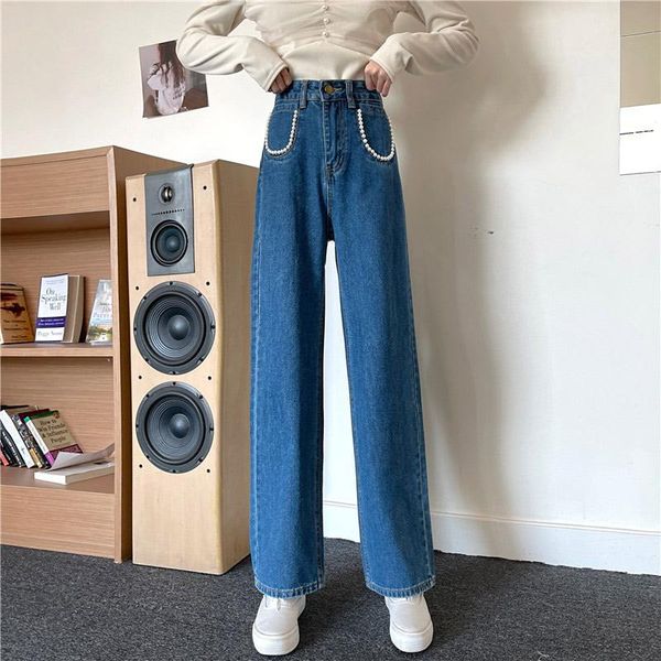 

women's jeans vintage blue straight women high waisted pearl pocket denim pants korean style streetwear full length boyfriend trousers
