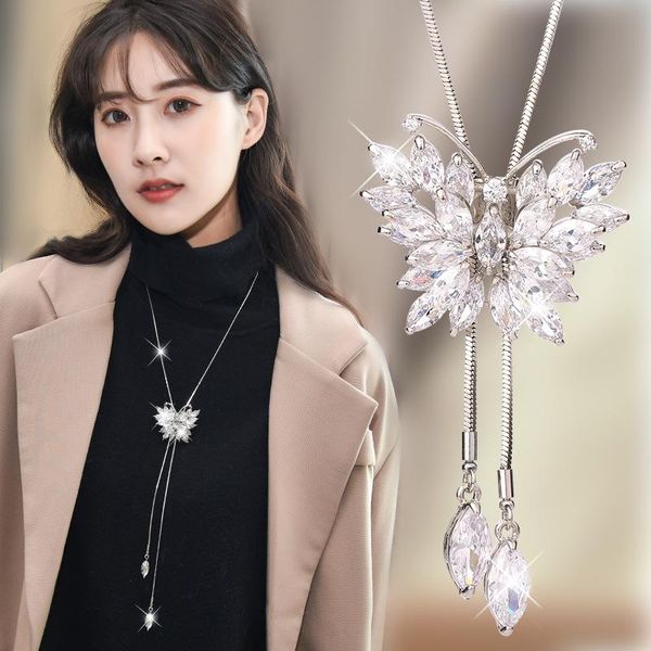 

pendant necklaces fashion crystal butterfly long tassel necklace strand sweater chain jewelry gold color for women, Silver