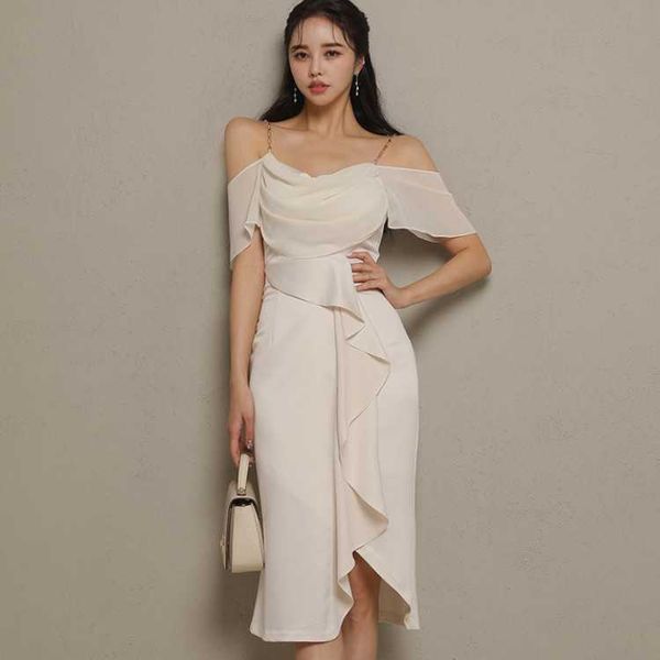 

summer 2 pieces set women slash neck ruched sling + bodycon ruffles pencil skirts evening party suit 210526, White