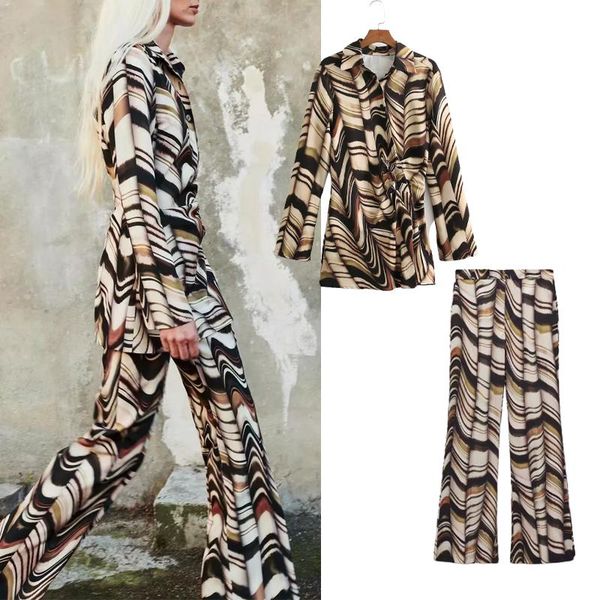 

women's two piece pants set 2021 fashion chic satin pleated print long shirt retro 2-piece + high waist flared pant casual slim femal, White