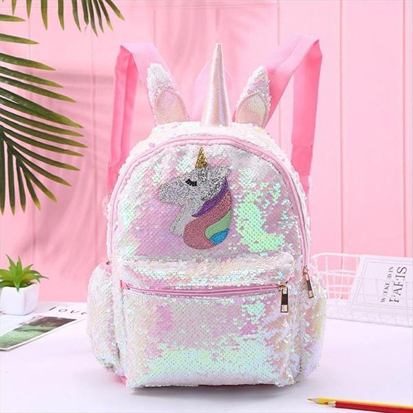 

pink shiny girls backpack sequin unicorn design satchel adorable bookbag fashion cute travel school bag for student