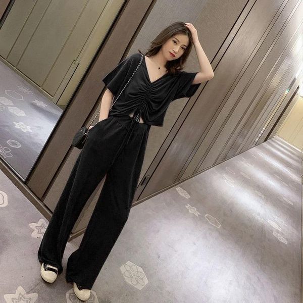 

summer fashion casual two piece set women v neck drawstring short sleeve + high waist black wide leg pant suit x7 women's pants, White