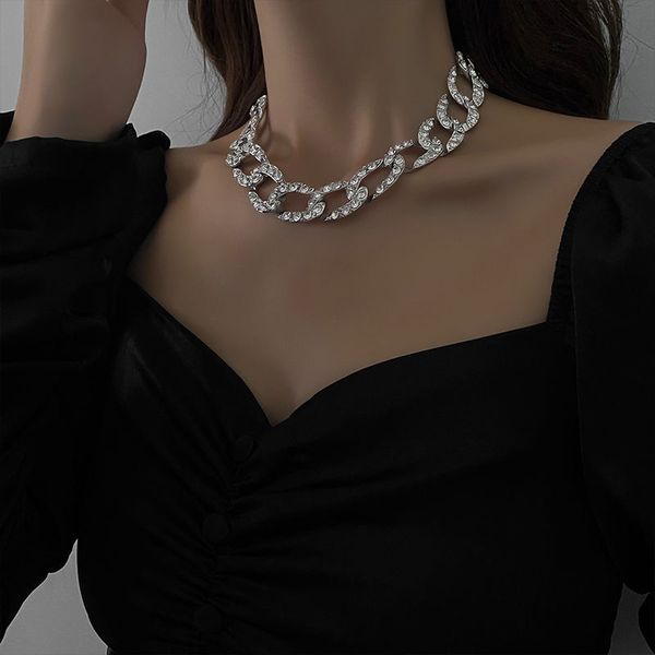 

high sense of exaggeration cuban chain full diamond necklace female ins light luxury tide brand clavicle chain temperament choker neck chain, Silver