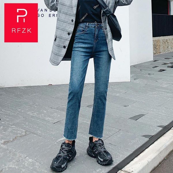 

women's jeans rfzk 2021 women loose straight micro-trumpet high waist thin black nine points autumn and winter thicken, Blue