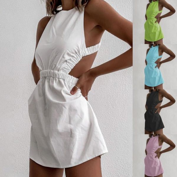 

casual dresses women dress halter cross bandage summer solid color sleeveless elastic waist for party backless elegant robe, Black;gray