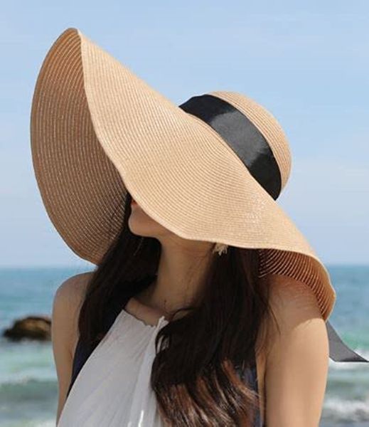 Verão Grande Brim Grande Palha Sun Chapéu Para As Mulheres Tecidos Sunhat Summer Sun Hat Hat Buckable Chapéu UV Sun Protection Protection Beach Caps